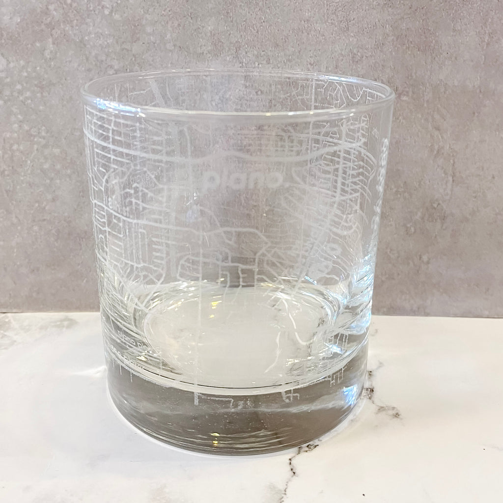 Plano TX Map Rocks Whiskey Glass - Lyla's: Clothing, Decor & More - Plano Boutique