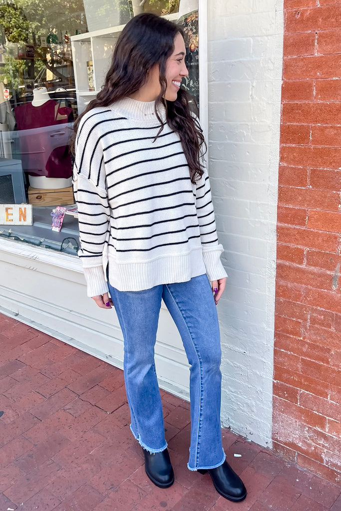 Hold On Mock Neck Cream and Black Striped Sweater - Lyla's: Clothing, Decor & More - Plano Boutique