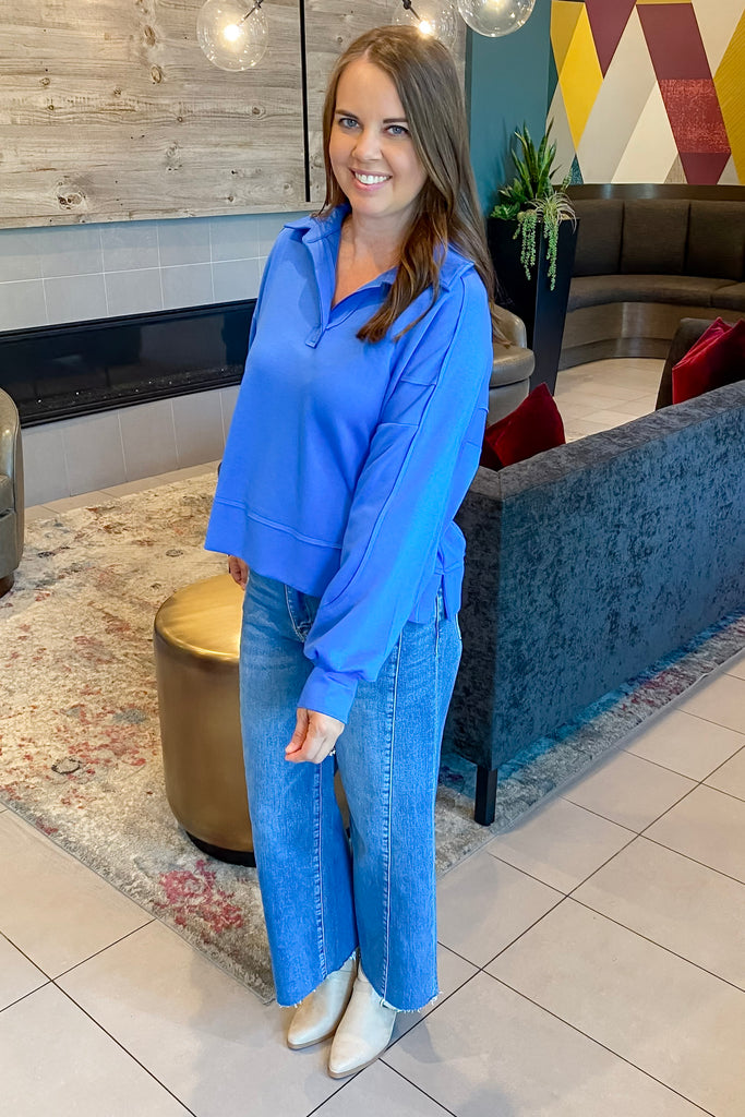 I See You Longsleeve Collar Ocean Blue Top - Lyla's: Clothing, Decor & More - Plano Boutique