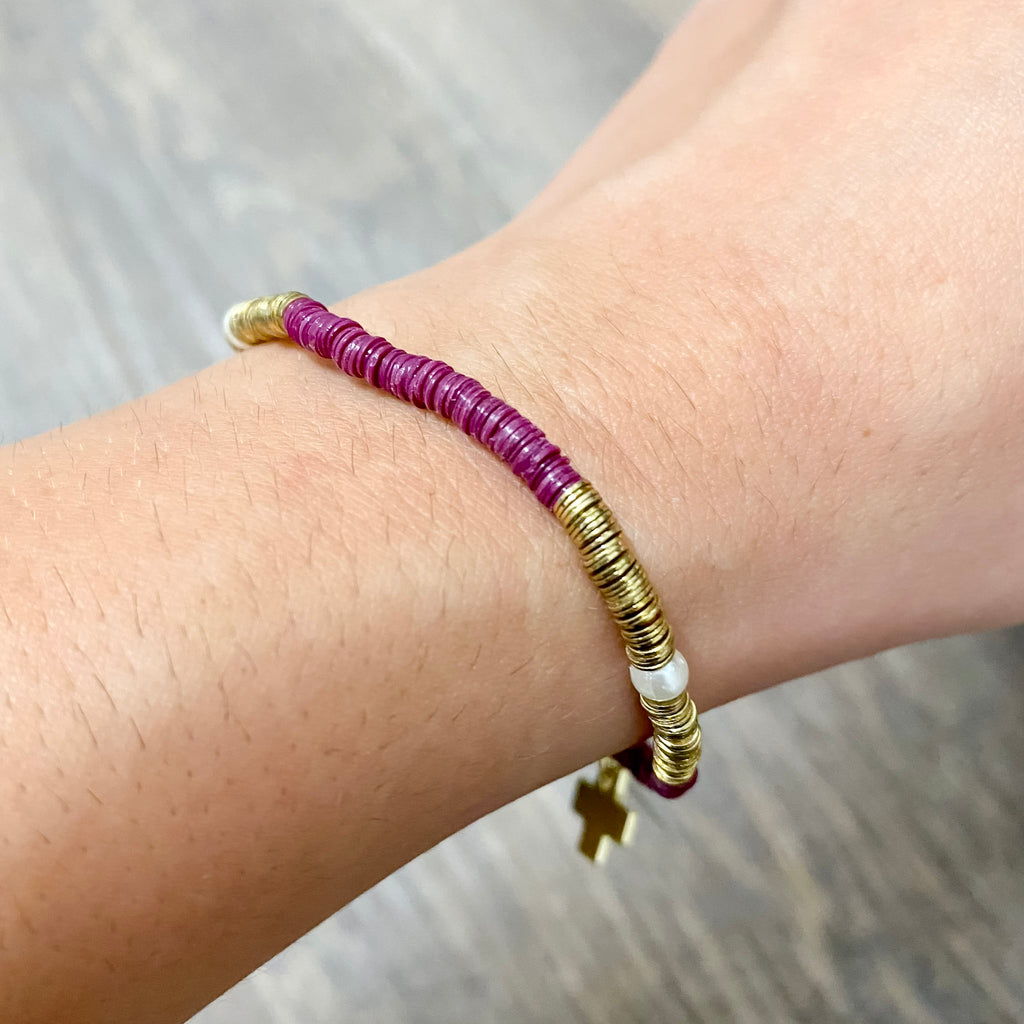 Rory Solid Color With Gold And Pearls Small Sequin Stretch Bracelet Port by Ink & Alloy - Lyla's: Clothing, Decor & More - Plano Boutique