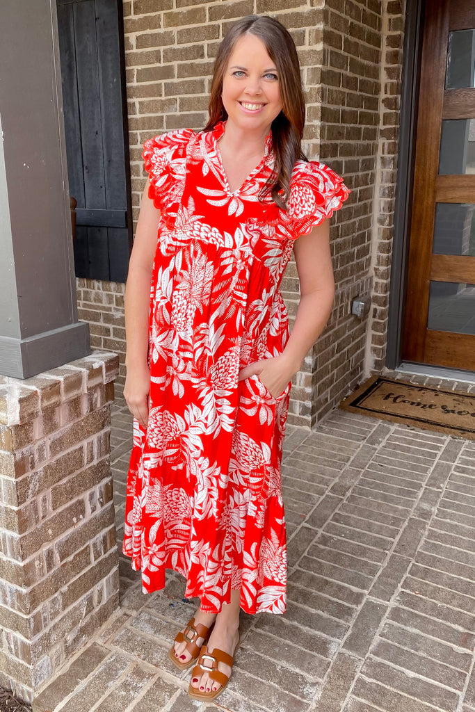 Crimson Palm Print Midi Dress - Lyla's: Clothing, Decor & More - Plano Boutique