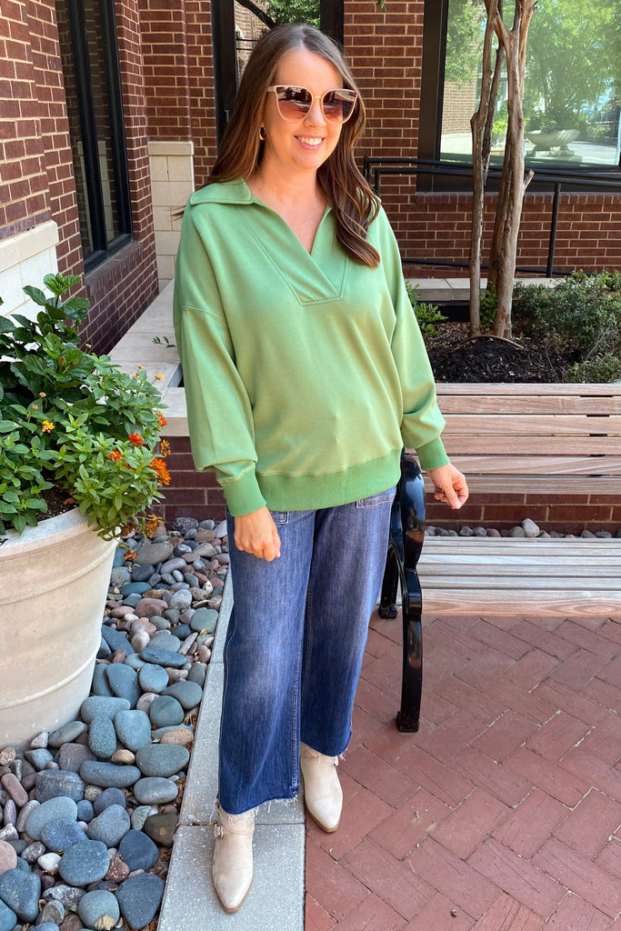 On The Run Longsleeve Collar Sage Green Top - Lyla's: Clothing, Decor & More - Plano Boutique