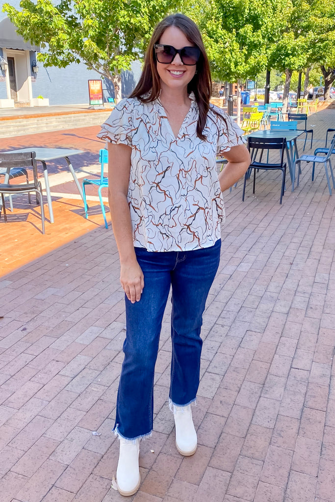 Save the Date Abstract Print Flutter Sleeve Ivory Top - Lyla's: Clothing, Decor & More - Plano Boutique