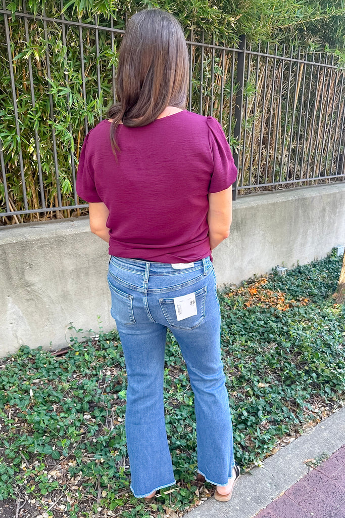 Alison Marine Mid Rise Raw Step Hem Crop Flare Jeans by Vervet - Lyla's: Clothing, Decor & More - Plano Boutique
