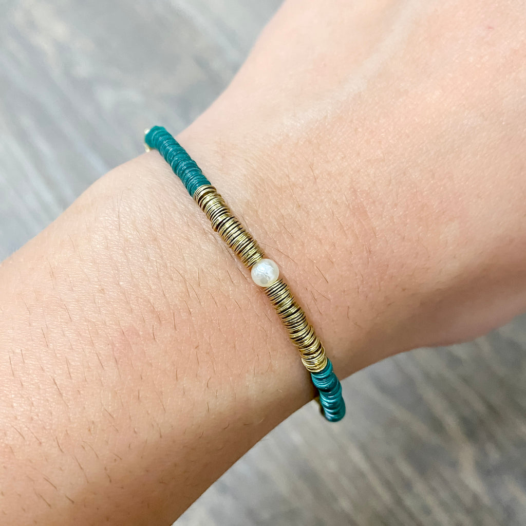 Rory Solid Color With Gold And Pearls Small Sequin Stretch Bracelet Emerald by Ink & Alloy - Lyla's: Clothing, Decor & More - Plano Boutique