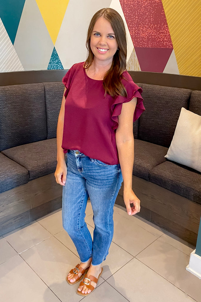 Ruffle Sleeve Burgundy Top - Lyla's: Clothing, Decor & More - Plano Boutique