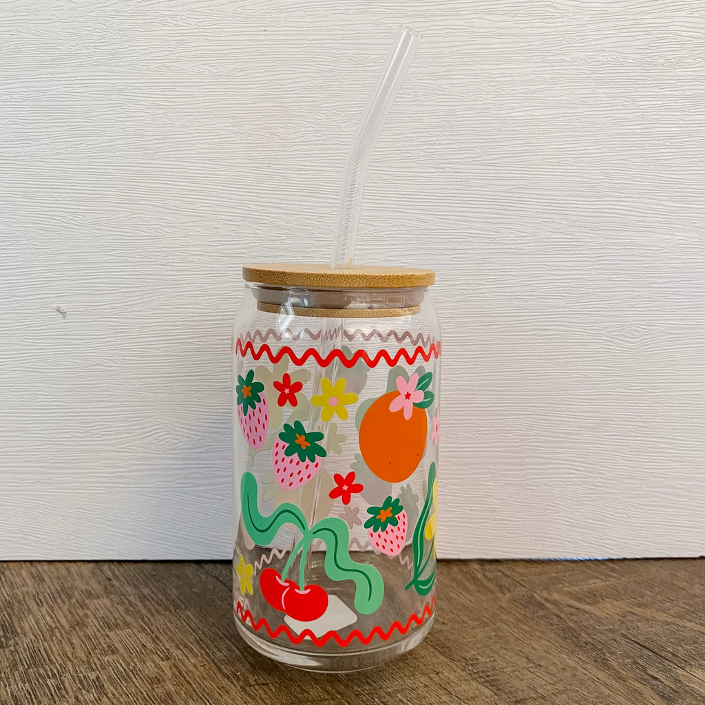 Cutie Fruity Can Glass with Lid & Straw - Lyla's: Clothing, Decor & More - Plano Boutique