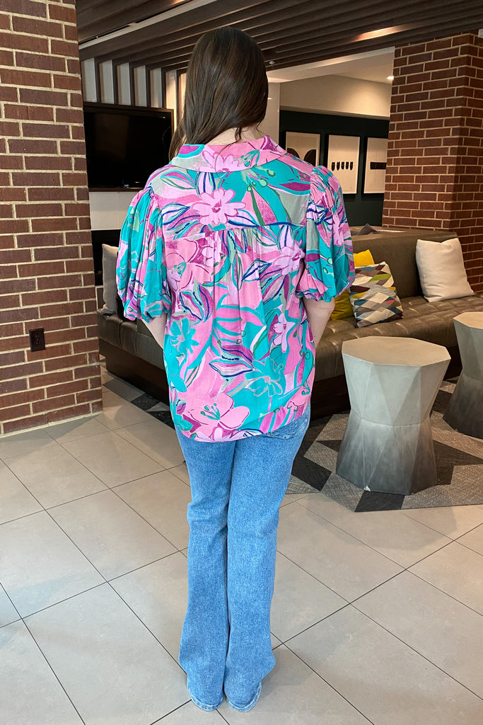 Pink and Green Floral Print Button Up Top - Lyla's: Clothing, Decor & More - Plano Boutique