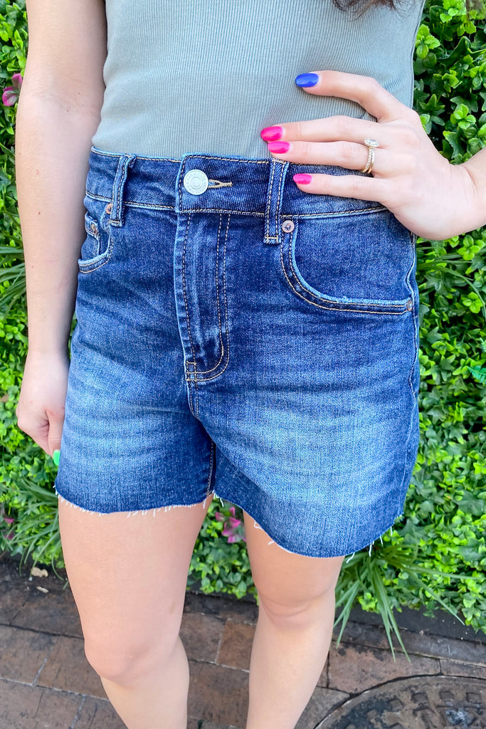 Dark Sea Blue Super High Rise Denim Shorts by Mica - Lyla's: Clothing, Decor & More - Plano Boutique