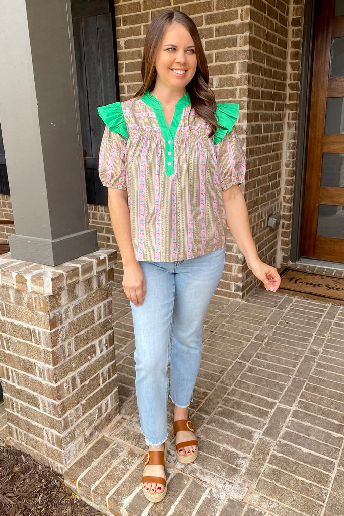 More to Come Contrast Floral Print Green Top - Lyla's: Clothing, Decor & More - Plano Boutique