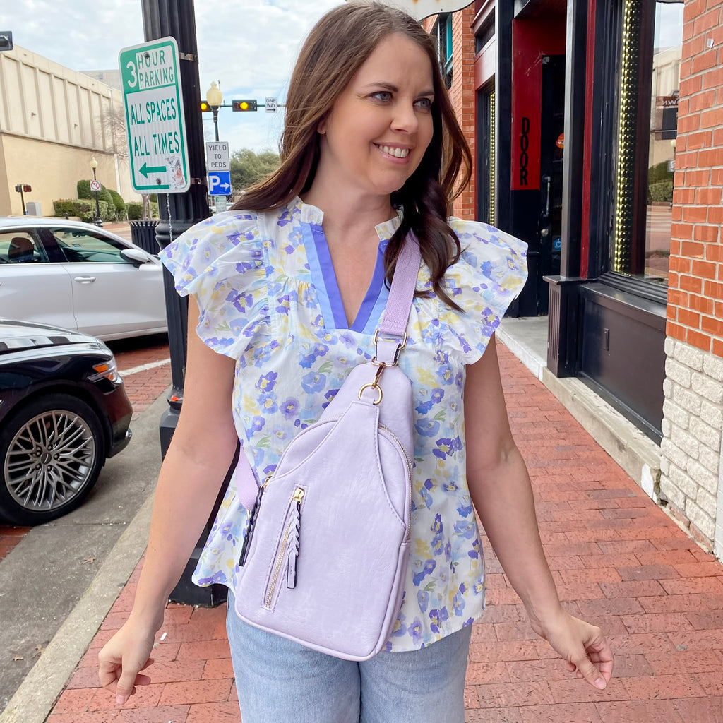 Jen & Co Nikki Sling Pack Bag - Lavender - Lyla's: Clothing, Decor & More - Plano Boutique