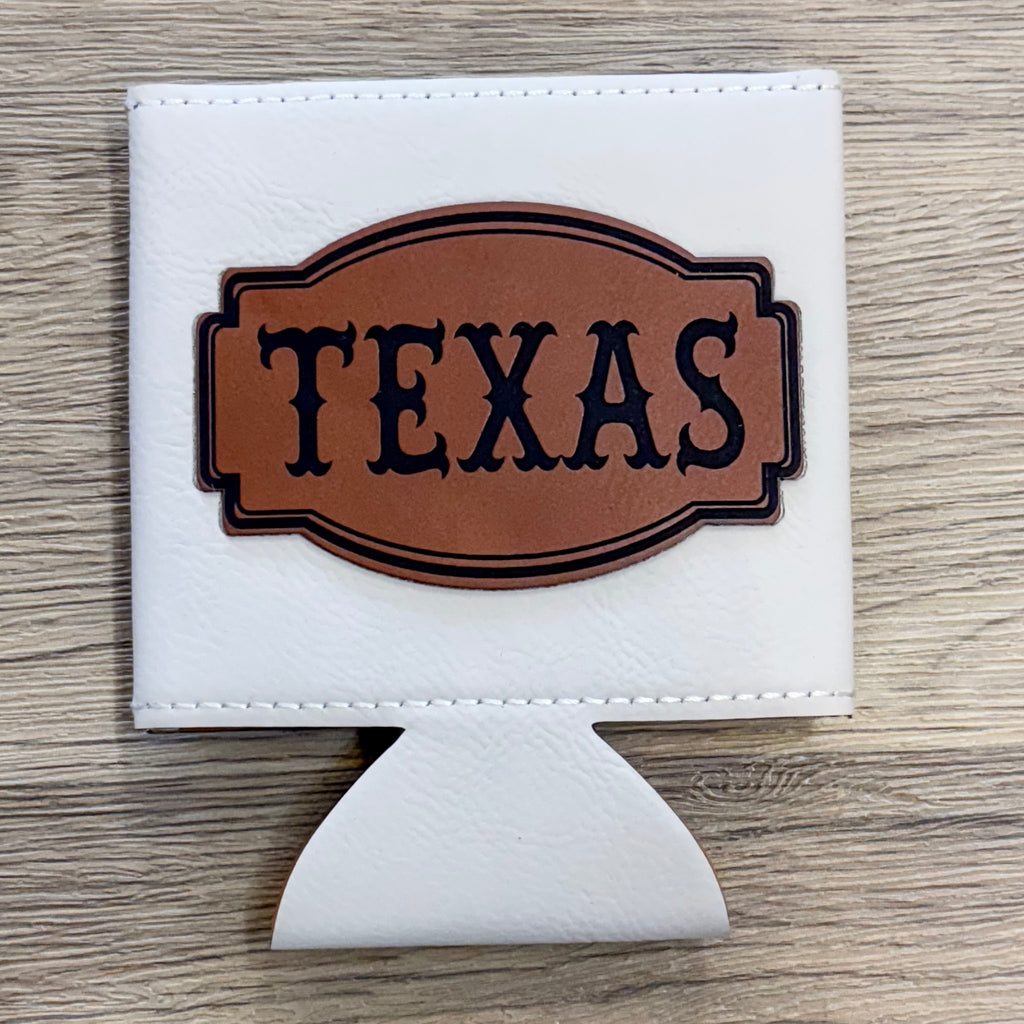 Texas Felon Patch Leather White Koozie - Lyla's: Clothing, Decor & More - Plano Boutique