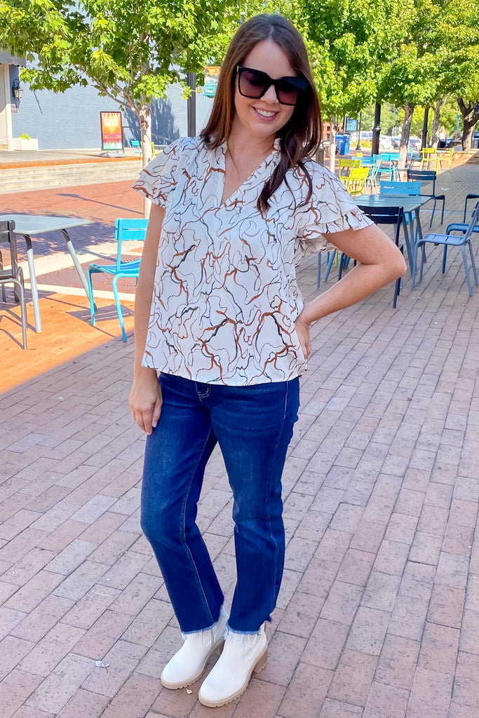 Save the Date Abstract Print Flutter Sleeve Ivory Top - Lyla's: Clothing, Decor & More - Plano Boutique