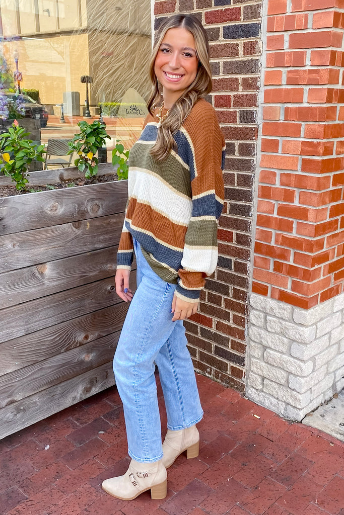 Dreamy Eathtones Olive and Camel Striped Sweater - Lyla's: Clothing, Decor & More - Plano Boutique