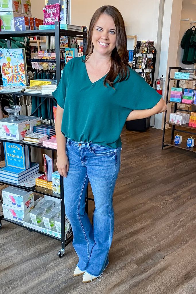 Simple V Neckline Hunter Green Top - Lyla's: Clothing, Decor & More - Plano Boutique
