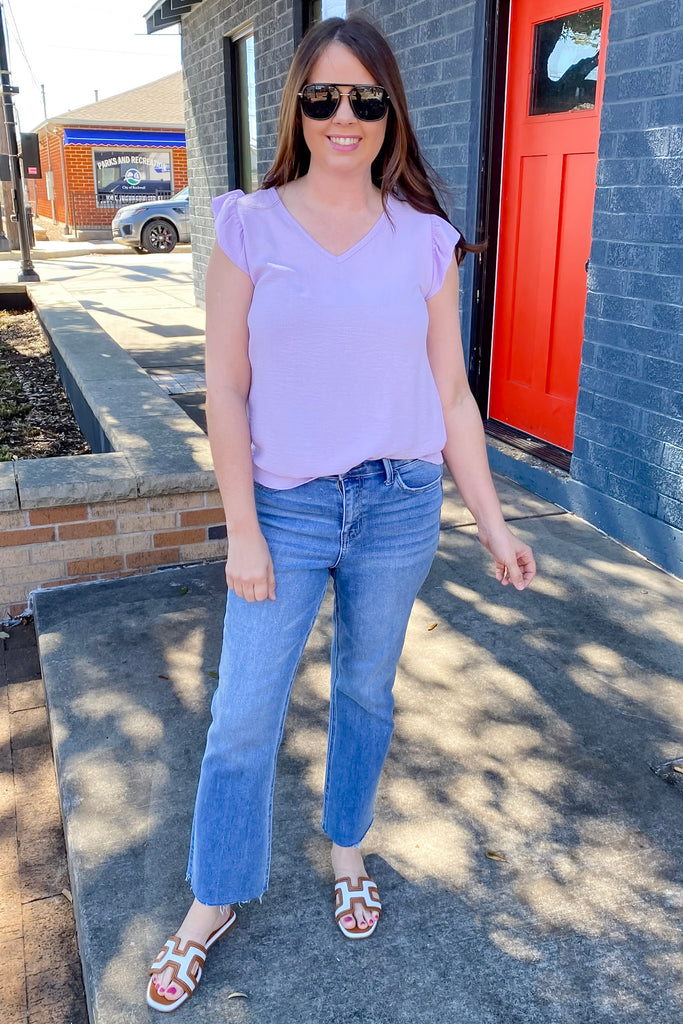 A Lil Ruffle V Neckline Lavender Top - Lyla's: Clothing, Decor & More - Plano Boutique