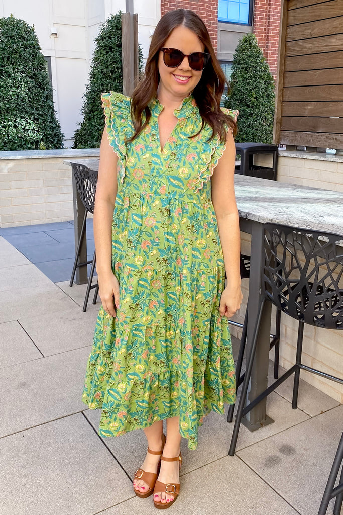 Rosewood Bloom Ruffle Sage Midi Dress - Lyla's: Clothing, Decor & More - Plano Boutique