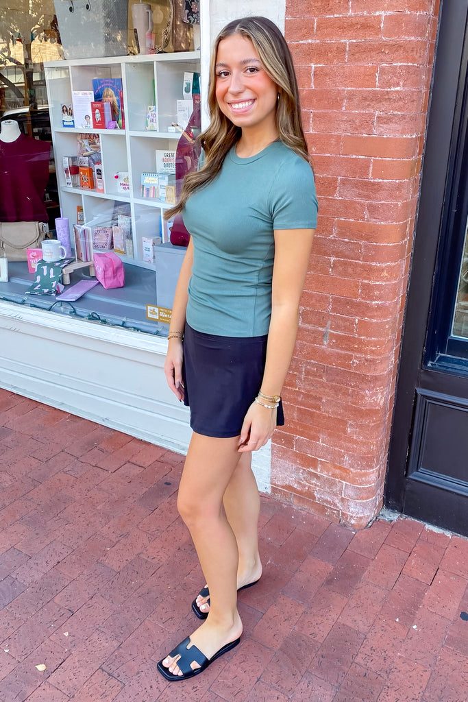 Athleisure Essential Short Sleeve Micro Ribbed Silky PineTop - Lyla's: Clothing, Decor & More - Plano Boutique