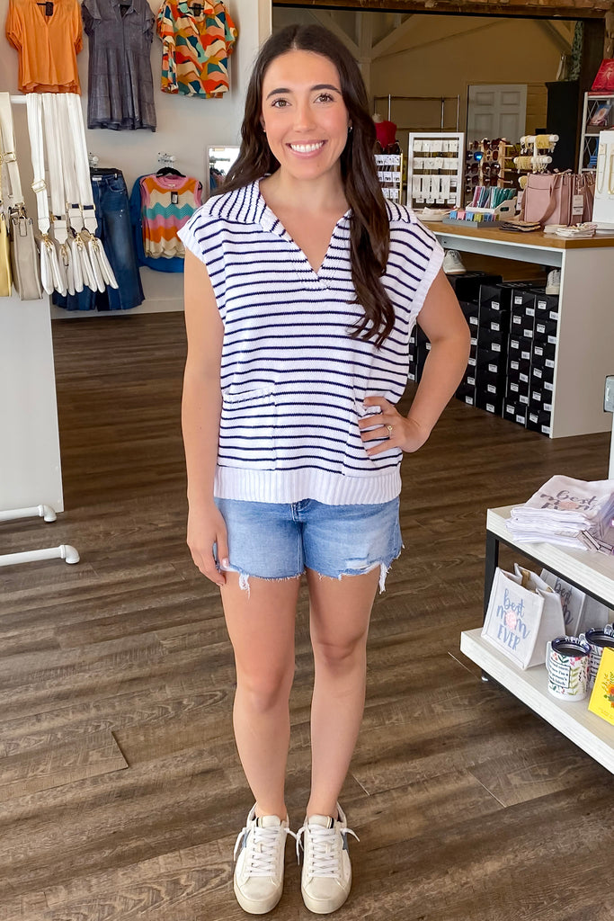 Striped Collar White and Navy Vest - Lyla's: Clothing, Decor & More - Plano Boutique