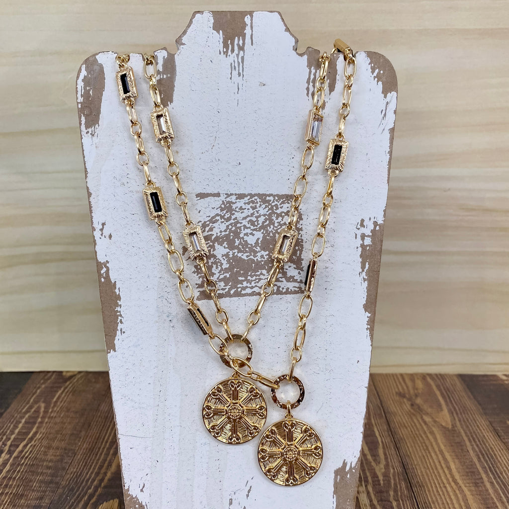 Gold Rectangle Crystal Chain And Gold Hammered Coin - Lyla's: Clothing, Decor & More - Plano Boutique