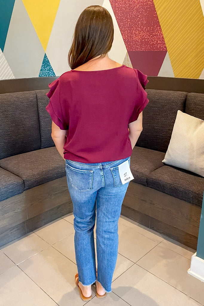 Ruffle Sleeve Burgundy Top - Lyla's: Clothing, Decor & More - Plano Boutique