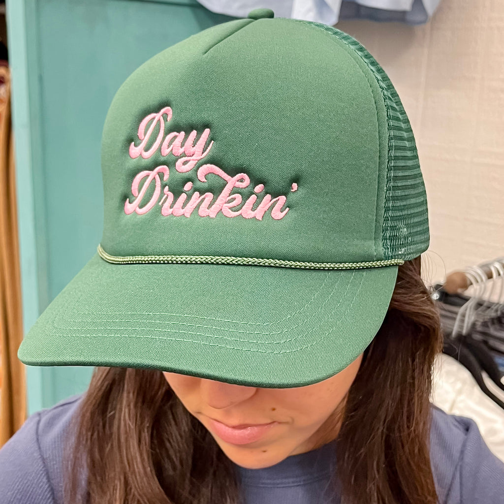 Day Drinkin Embroidery Green Mesh Back Trucker Hat - Lyla's: Clothing, Decor & More - Plano Boutique