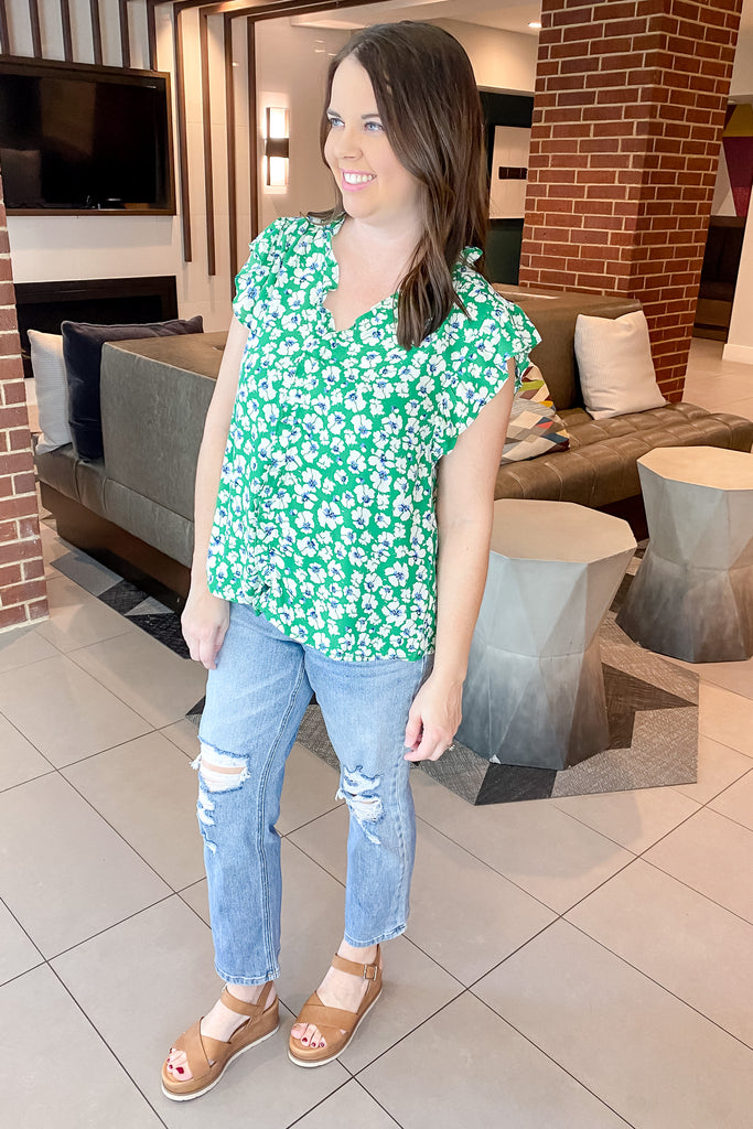 Sarai Ruffle Sleeve  Green Floral Print Top - Lyla's: Clothing, Decor & More - Plano Boutique