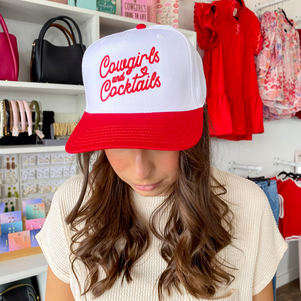Cowgirls and Cocktails Two-Toned Red and White Vintage Baseball Hat - Lyla's: Clothing, Decor & More - Plano Boutique
