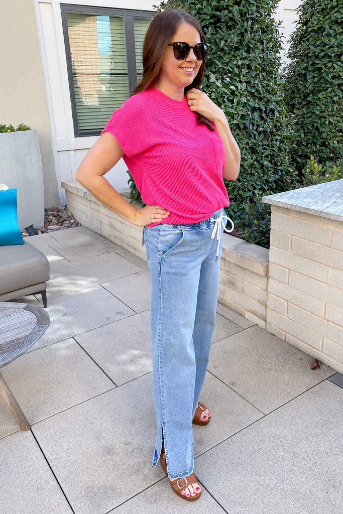Wholesomeness High Rise Drawstring Side Slit Wide Leg Denim by Lovervet - Lyla's: Clothing, Decor & More - Plano Boutique