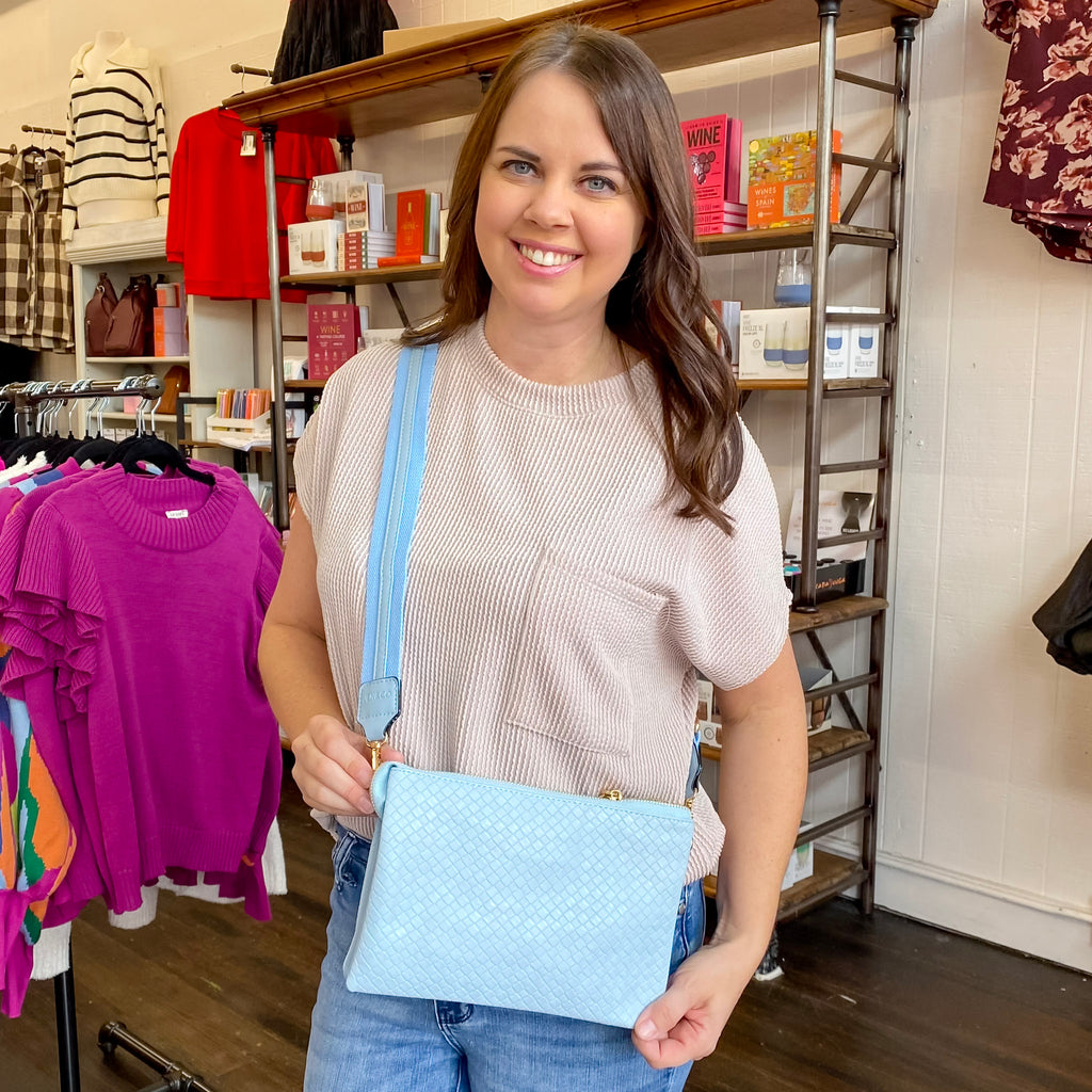 Jen & Co Izzy Diaz Woven Crossbody Handbag - Light Blue - Lyla's: Clothing, Decor & More - Plano Boutique