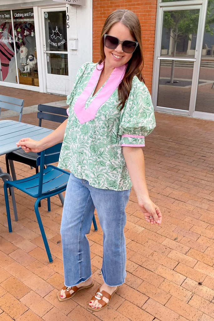Little Thing Called Love Green and Pink Print Top - Lyla's: Clothing, Decor & More - Plano Boutique