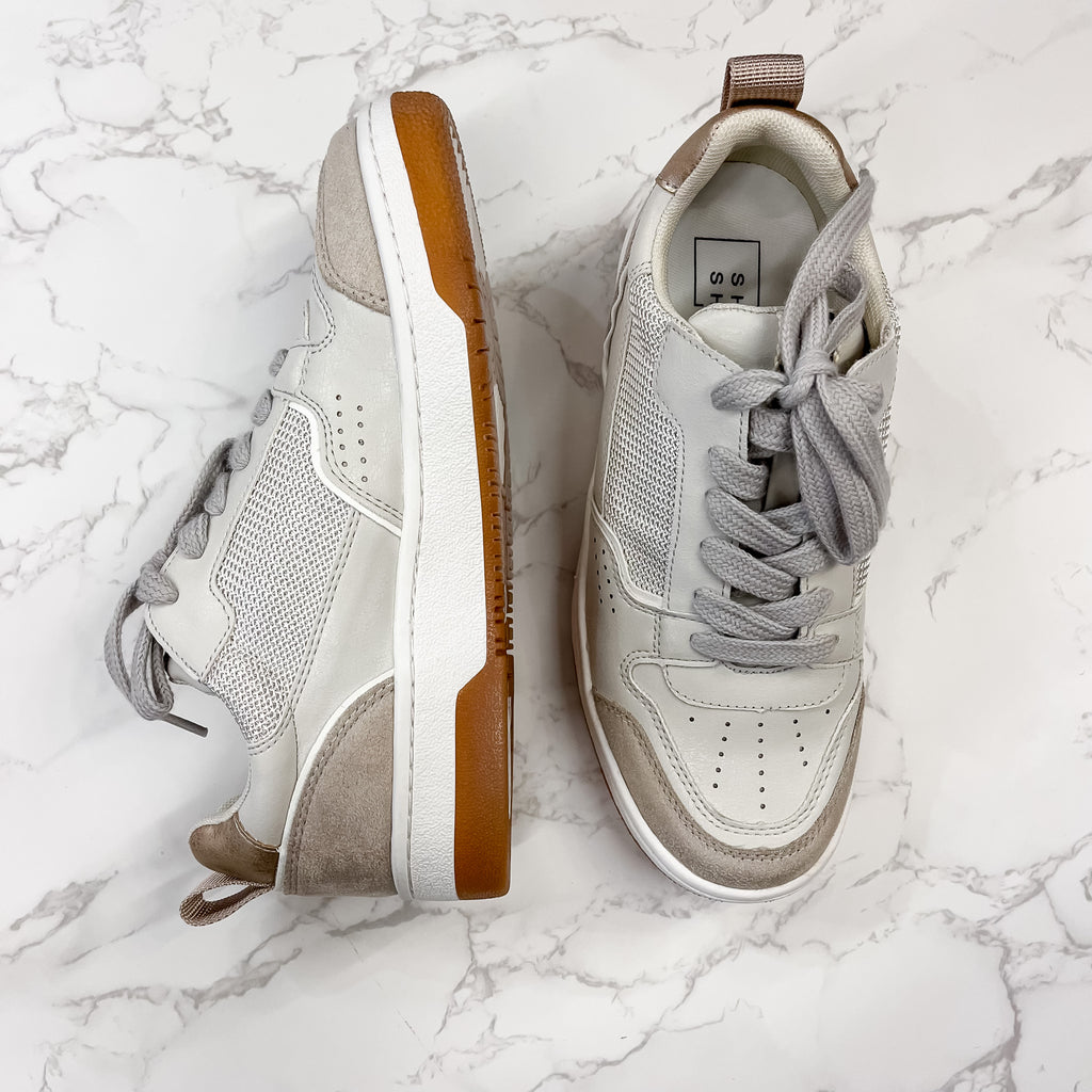 Romi Distressed Taupe Suede Shu Shop Sneaker - Lyla's: Clothing, Decor & More - Plano Boutique
