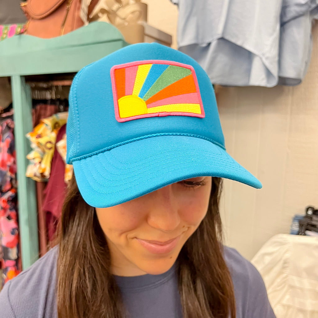 Bursting Sunshine Patch Foam Blue Trucker Hat - Lyla's: Clothing, Decor & More - Plano Boutique