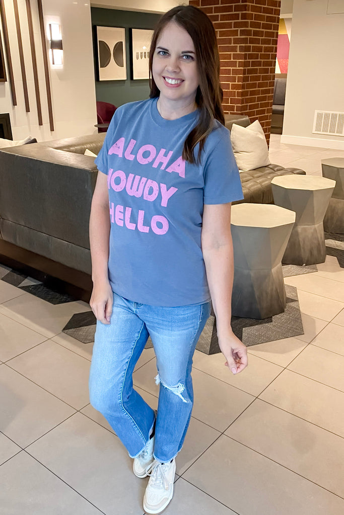 Aloha Howdy Hello Blue Top - Lyla's: Clothing, Decor & More - Plano Boutique