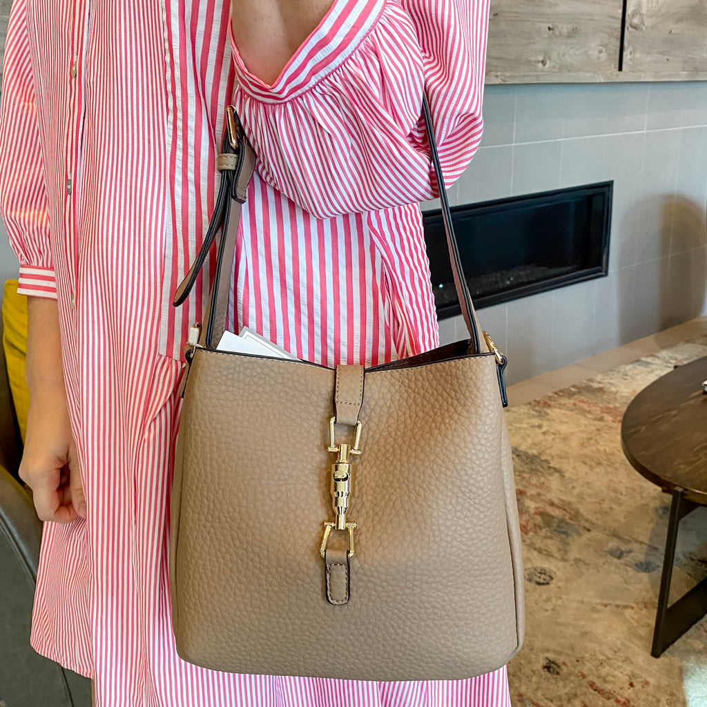 Jen & Co Agnes Vegan Press-Lock Satchel - Taupe - Lyla's: Clothing, Decor & More - Plano Boutique