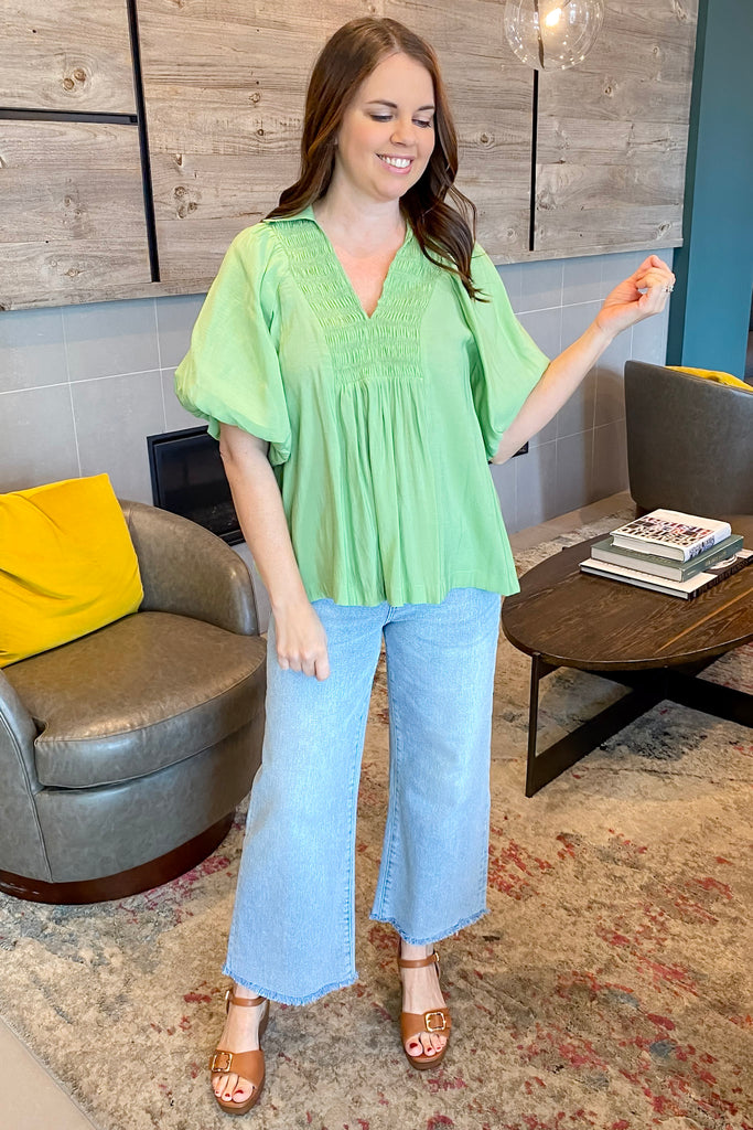 Serenity Smocked Sage Top - Lyla's: Clothing, Decor & More - Plano Boutique