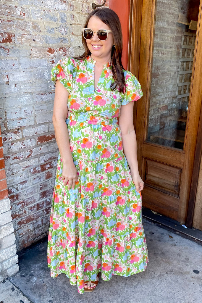 Garden Whisper Floral Print Marigold Midi Dress - Lyla's: Clothing, Decor & More - Plano Boutique