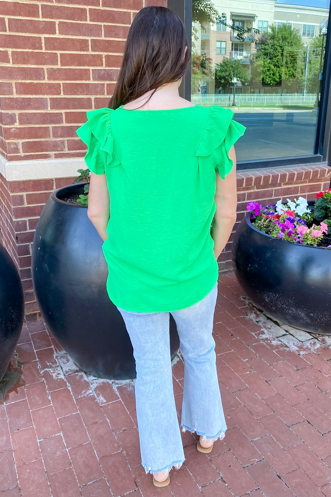 Time To Go Ruffle Sleeve Apple Green Top - Lyla's: Clothing, Decor & More - Plano Boutique
