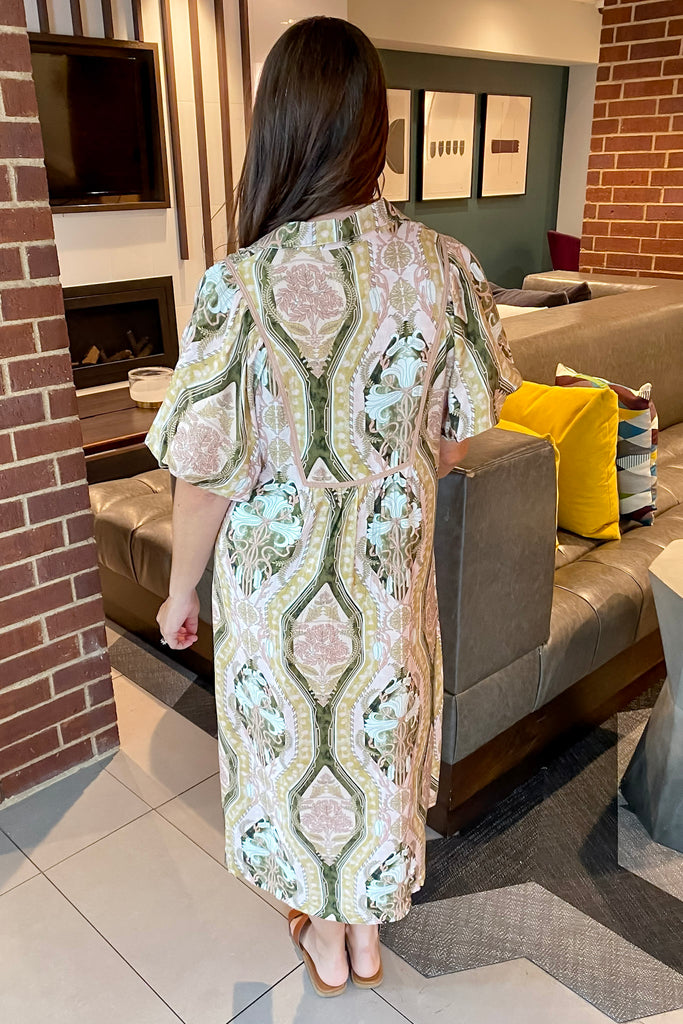 Harvest Mosaic Print Brown Midi Dress - Lyla's: Clothing, Decor & More - Plano Boutique