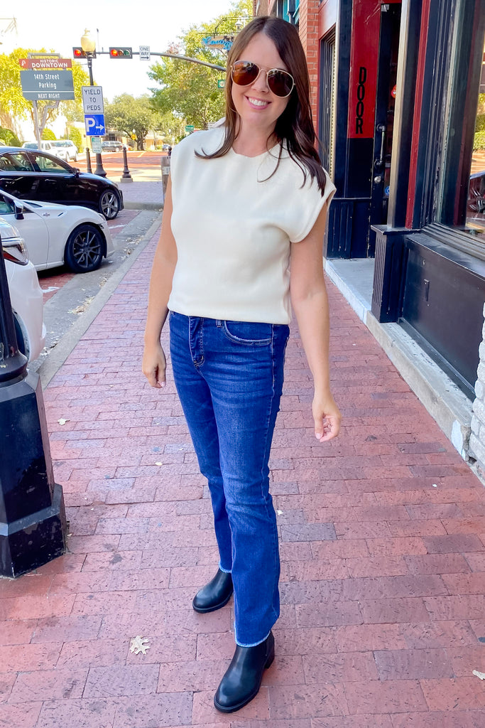 Dark Denim High Rise Raw Hem Kick Flare By Lovervet - Lyla's: Clothing, Decor & More - Plano Boutique