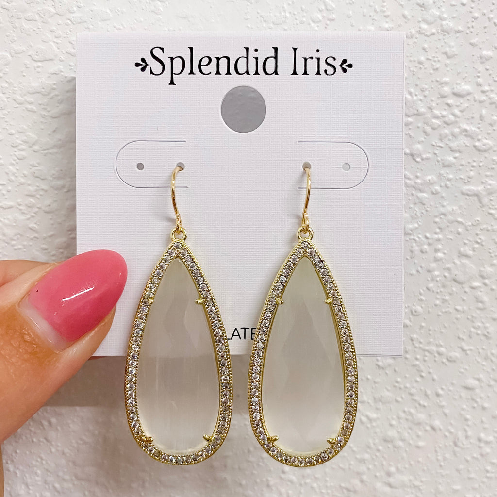 Long Shimmer Stone Earrings White - Lyla's: Clothing, Decor & More - Plano Boutique