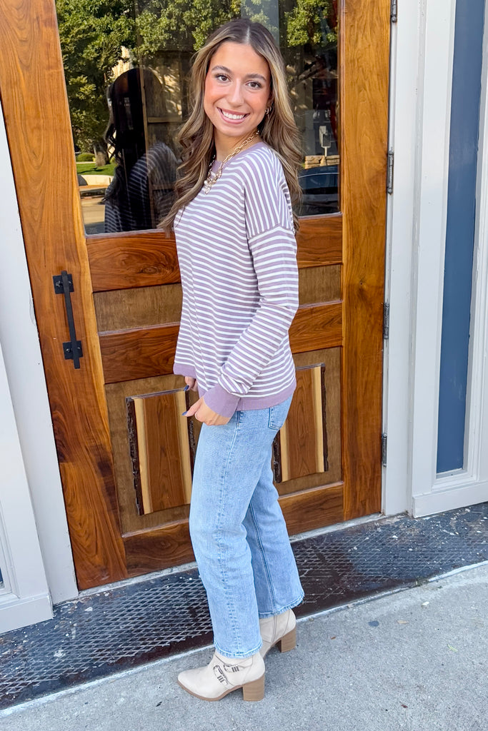 Dusty Lavender Love Striped Sweater - Lyla's: Clothing, Decor & More - Plano Boutique