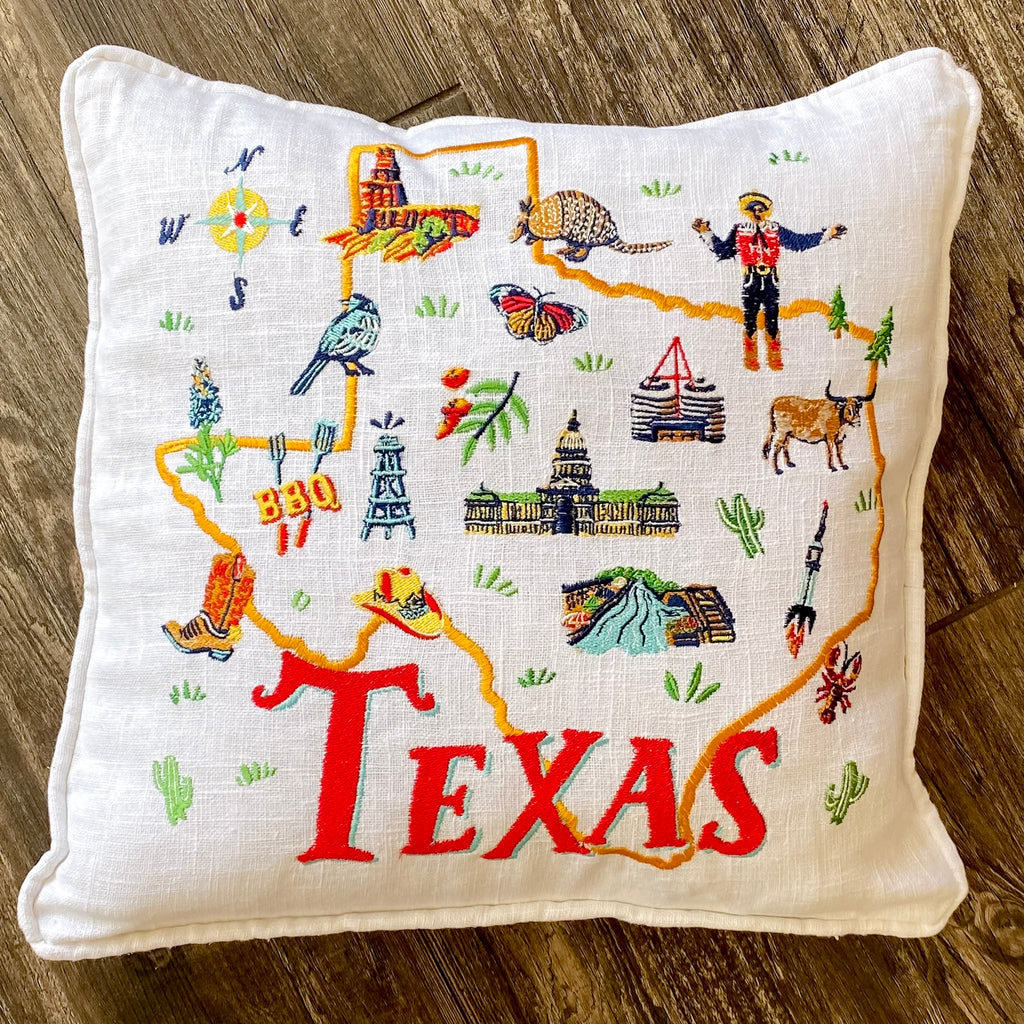 Texas Embroidered Pillow by Angela Staehling - Lyla's: Clothing, Decor & More - Plano Boutique