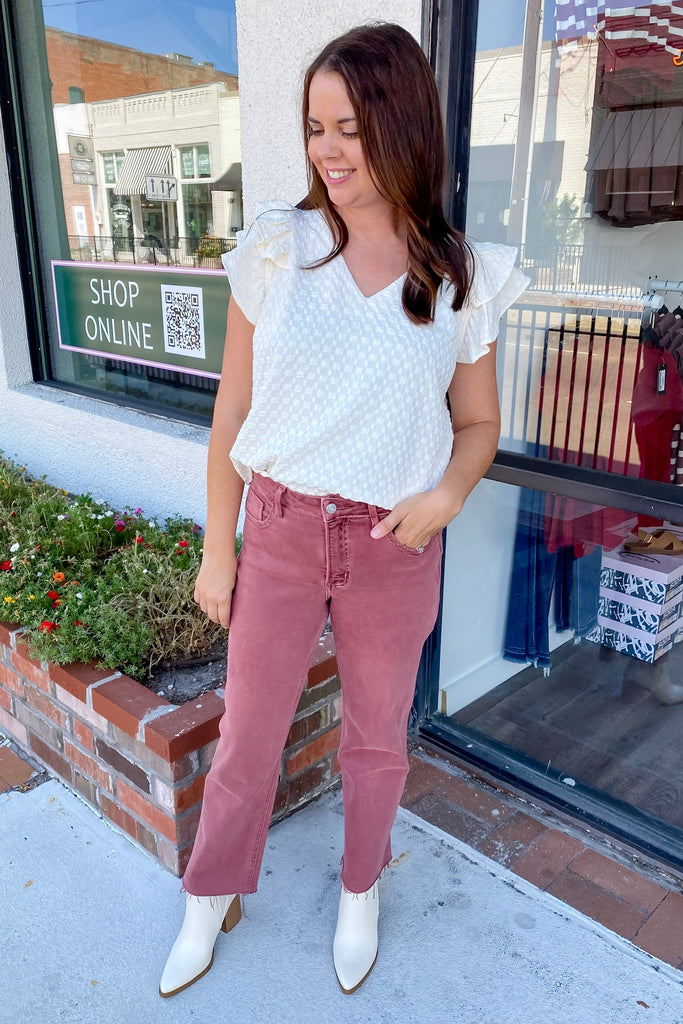 Wine High Rise Straight Crop Denim by Lovervet - Lyla's: Clothing, Decor & More - Plano Boutique