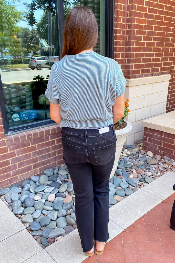 Alison Black Mid Rise Raw Step Hem Crop Flare Jeans by Vervet - Lyla's: Clothing, Decor & More - Plano Boutique