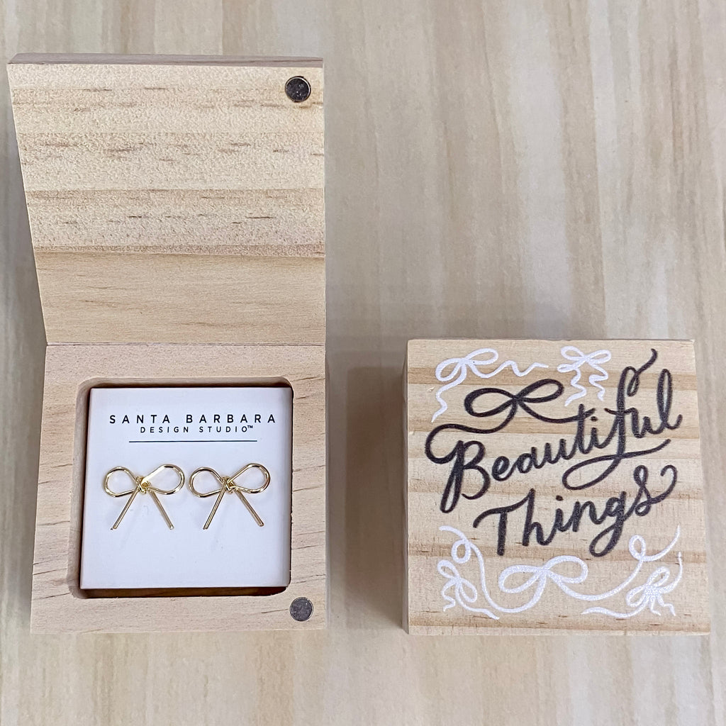 Beautiful Things Treasure Box Gold Bow Earrings - Lyla's: Clothing, Decor & More - Plano Boutique