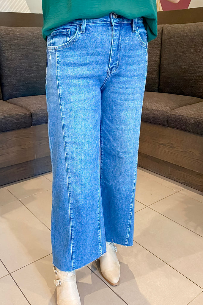Olivia Punctual High Rise Raw Hem Twist Wide Jeans by Vervet - Lyla's: Clothing, Decor & More - Plano Boutique