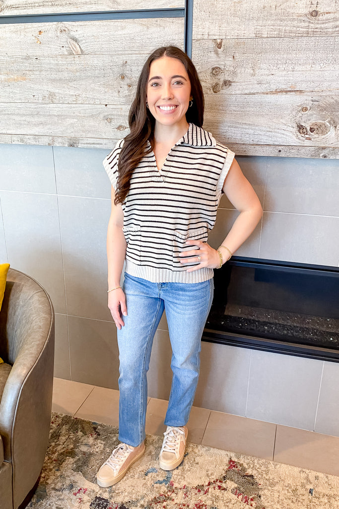 Striped Collar Oatmeal and Black Vest - Lyla's: Clothing, Decor & More - Plano Boutique