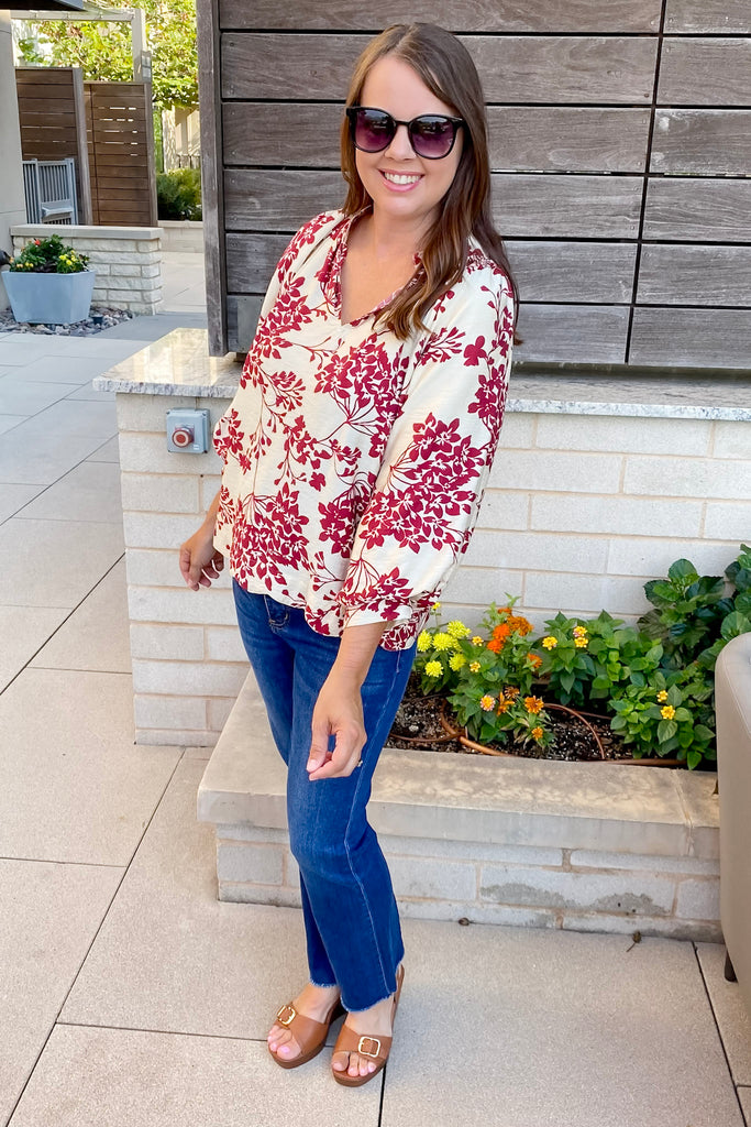 Left Me Speechless Floral Print Garnet Top - Lyla's: Clothing, Decor & More - Plano Boutique