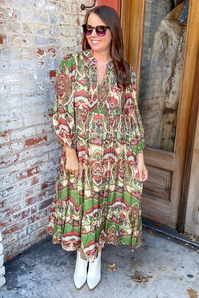 Step Into Fall Floral Print Green Dress - Lyla's: Clothing, Decor & More - Plano Boutique